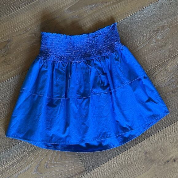 HT360 COLLECTIVE Smocked Waist Tiered Cotton Miniskirt In Cobalt Blue - Picture 8 of 9